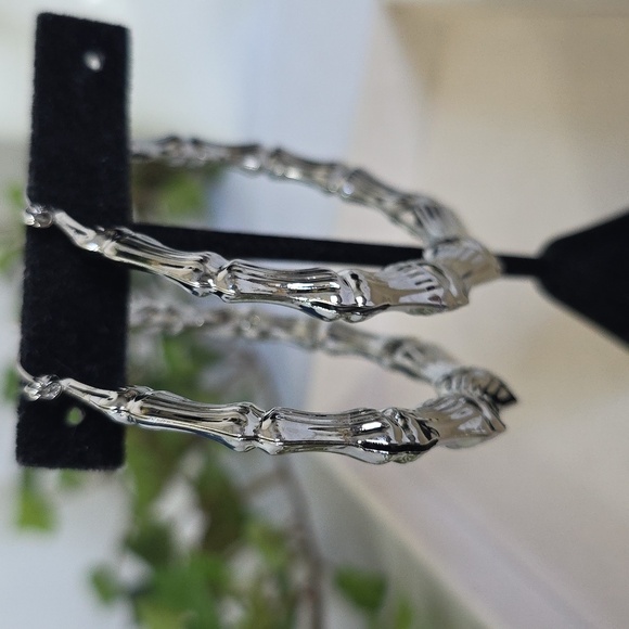 Silver Large Doorknocker Bamboo Hoop Earrings - Picture 9 of 12